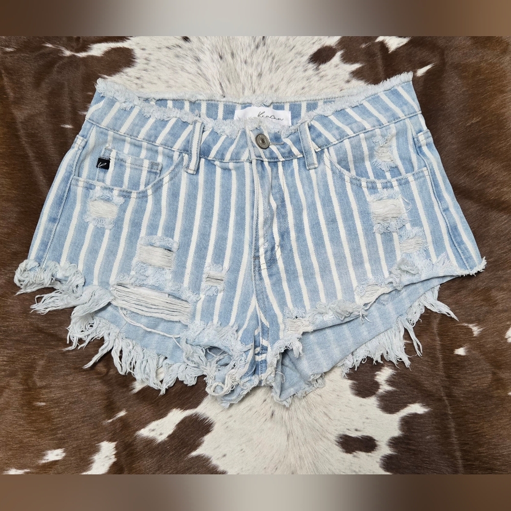 KanCan Blue and White Distressed Jean Shorts